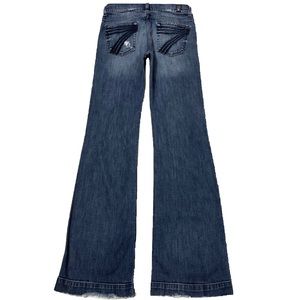 7 For All Mankind Dojo 26X33.5 Long Flare Distressed Stretch Blue Jeans